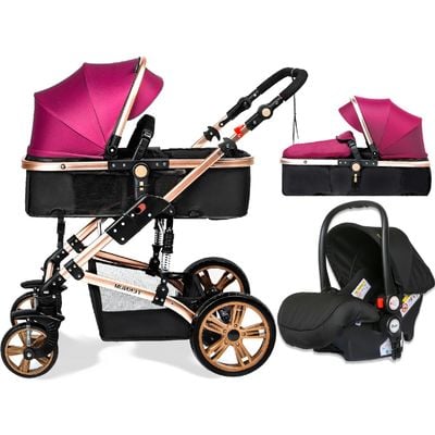 Teknum 3In1 Pram Stroller | Sleeping Bassinet | Extra Wide Seat | Wide Canopy | 360° Rotating Wheels | Fully Reclinable | Car Seat Compatible | Coffee Holder | Spill Proof Mat | Newborn Baby | 0 - 3 Years | Wine + Infant Car Seat